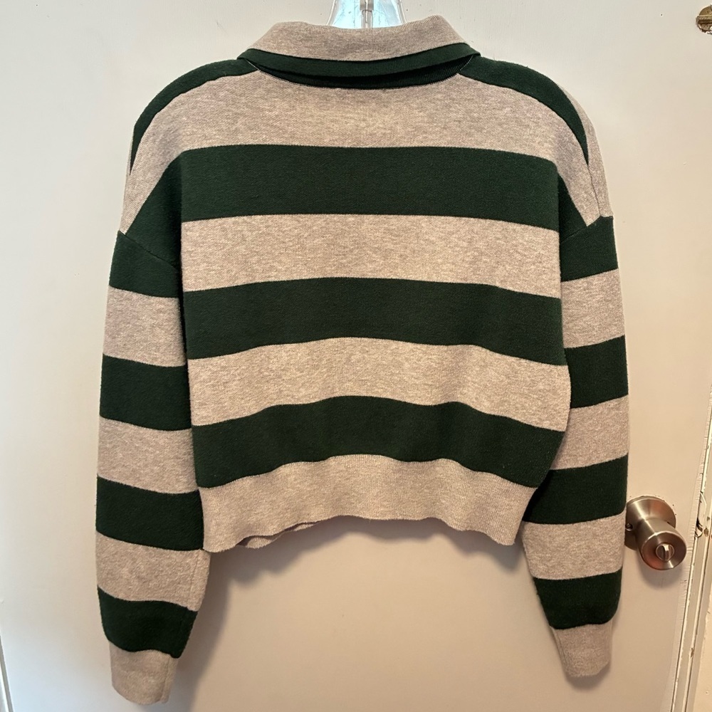 525 AMERICA Green & Grey Rugby Striped Double Collar Polo Top | size XS - Picture 9 of 11